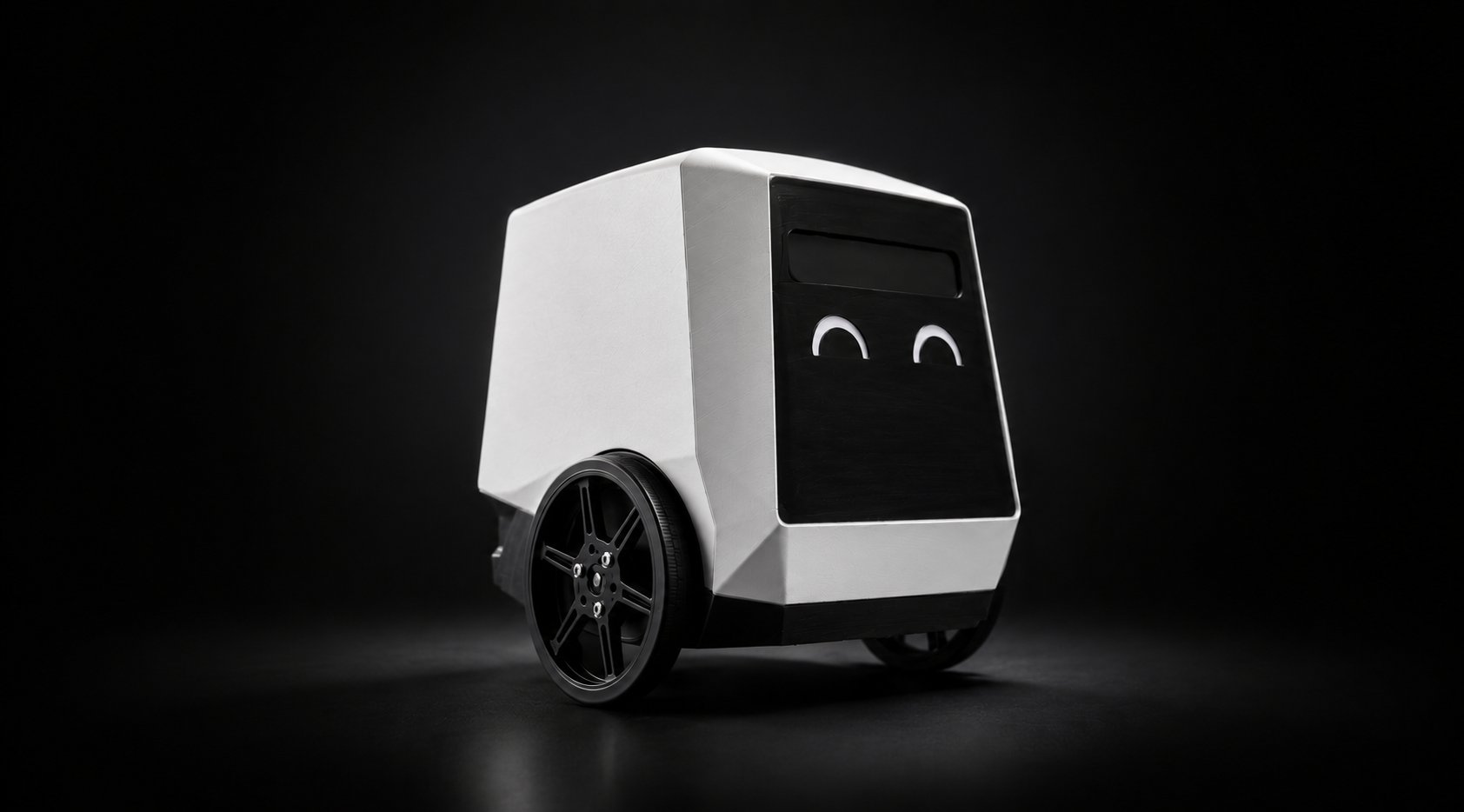 Photograph of the Pebble device: a compact wheeled robot with a soft dome body and two glowing crescent-shaped eyes on its face.